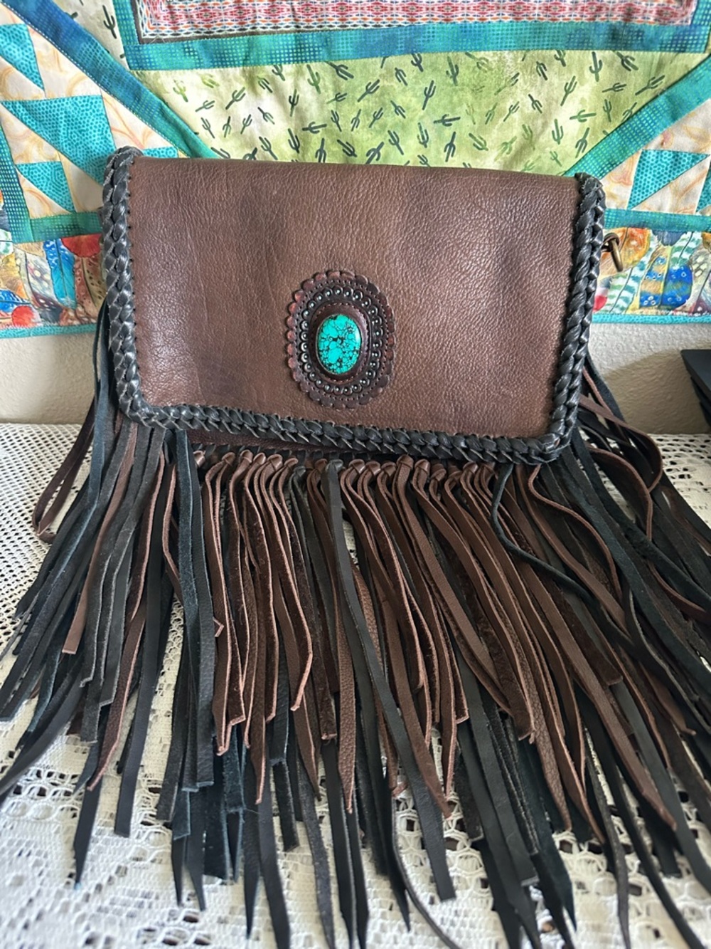 American Darling Brown Leather Fringe Crossbody with Turquoise Accent